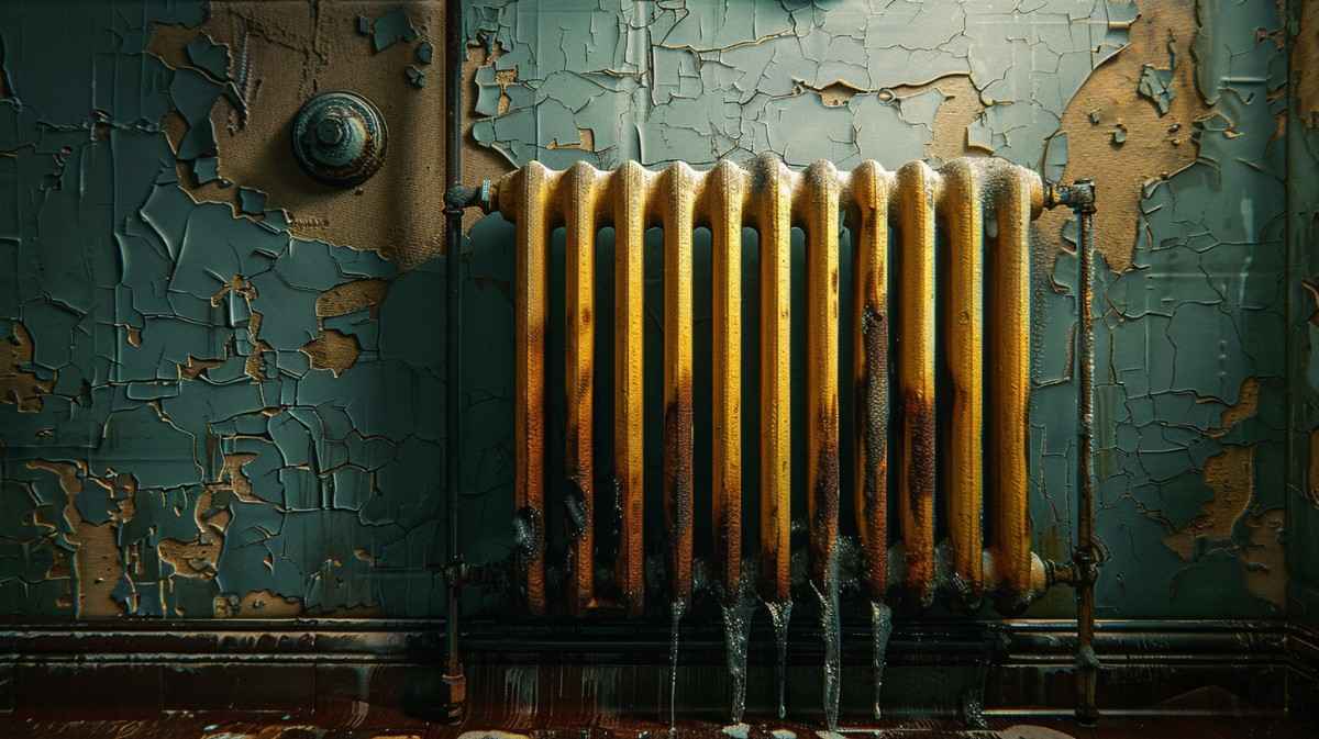 Illustration of a leaking heating system with visible water stains