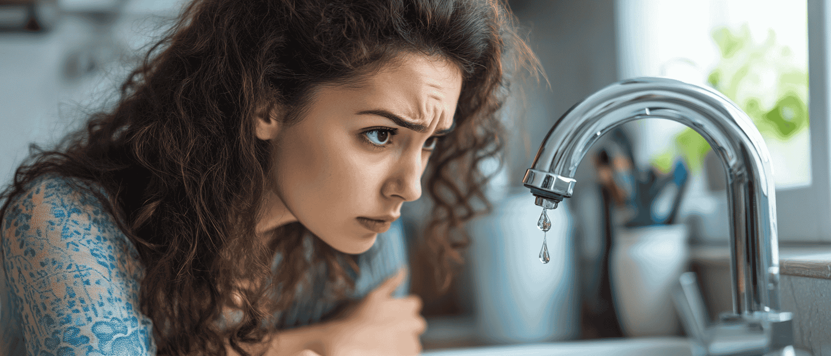 homeowner looking at a dripping tap