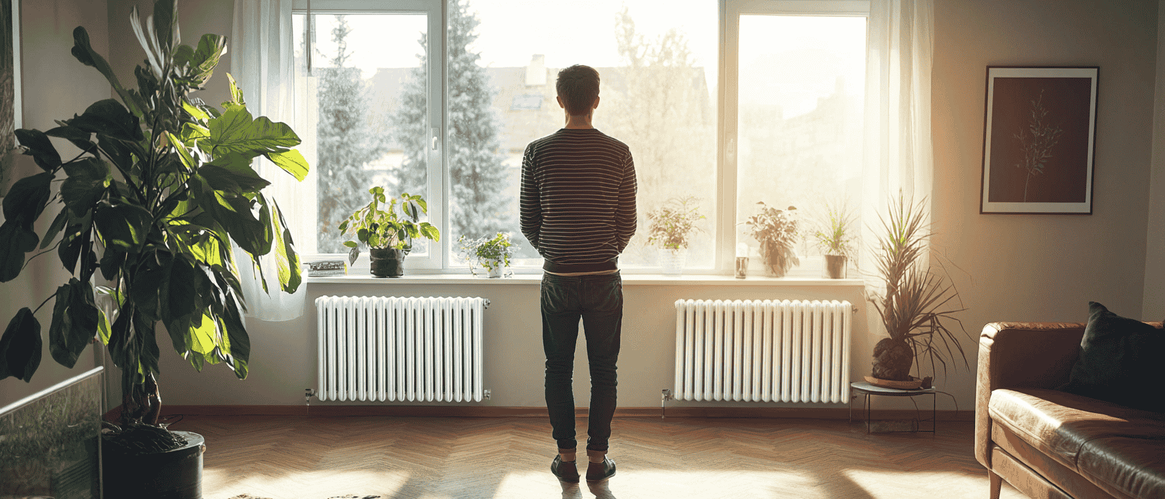 Homeowner standing in front of radiators not heating up